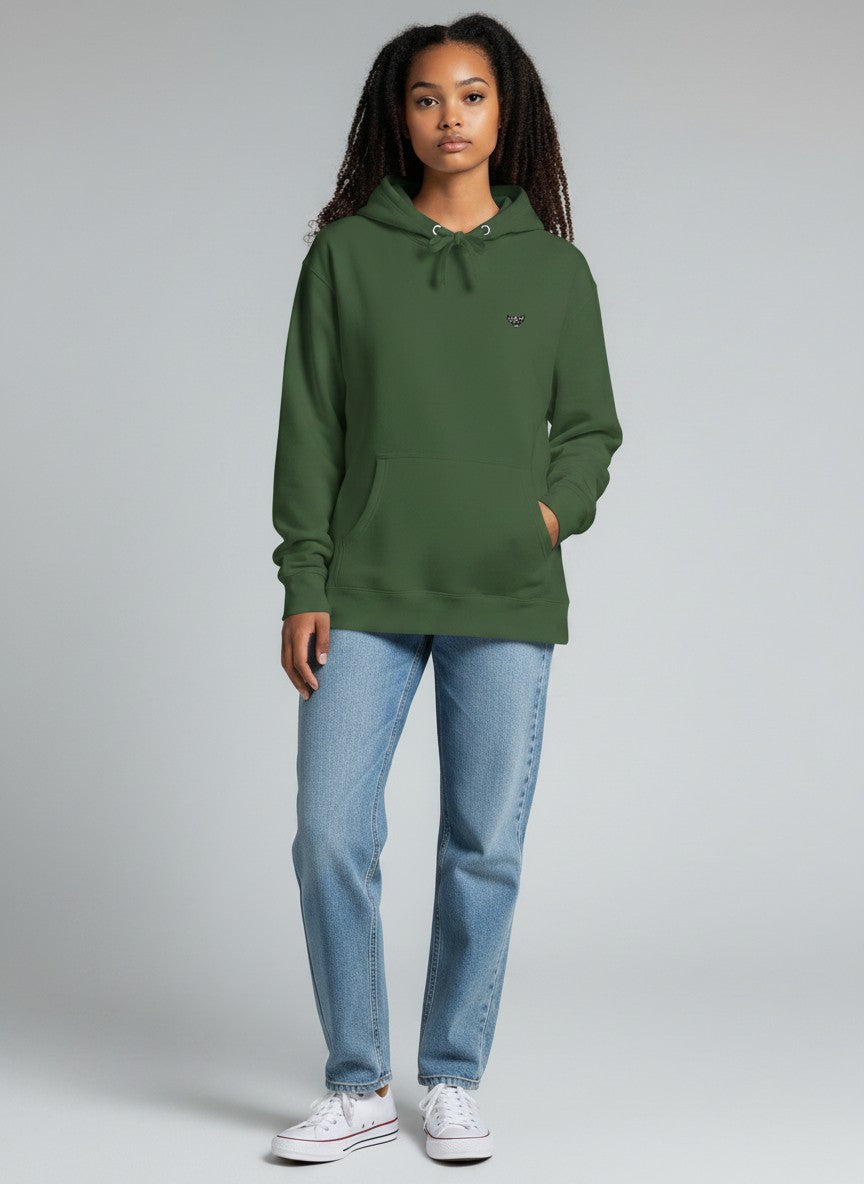 Shopito green fleece pullover hoodie with adjustable drawstring hood and small embroidered owl detail on chest. Kangaroo pocket.