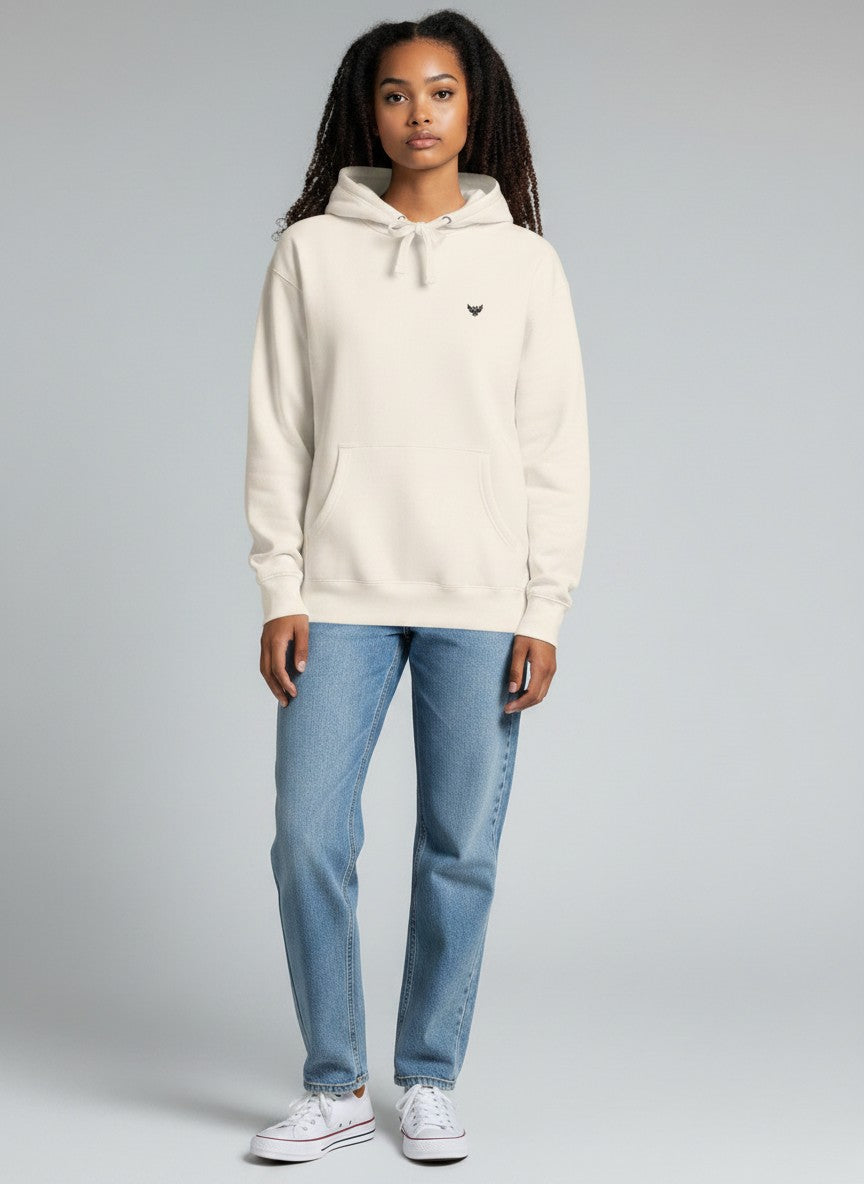 Shopito cream fleece pullover hoodie with adjustable drawstring hood and kangaroo pocket, featuring a small embroidered owl logo on the chest.