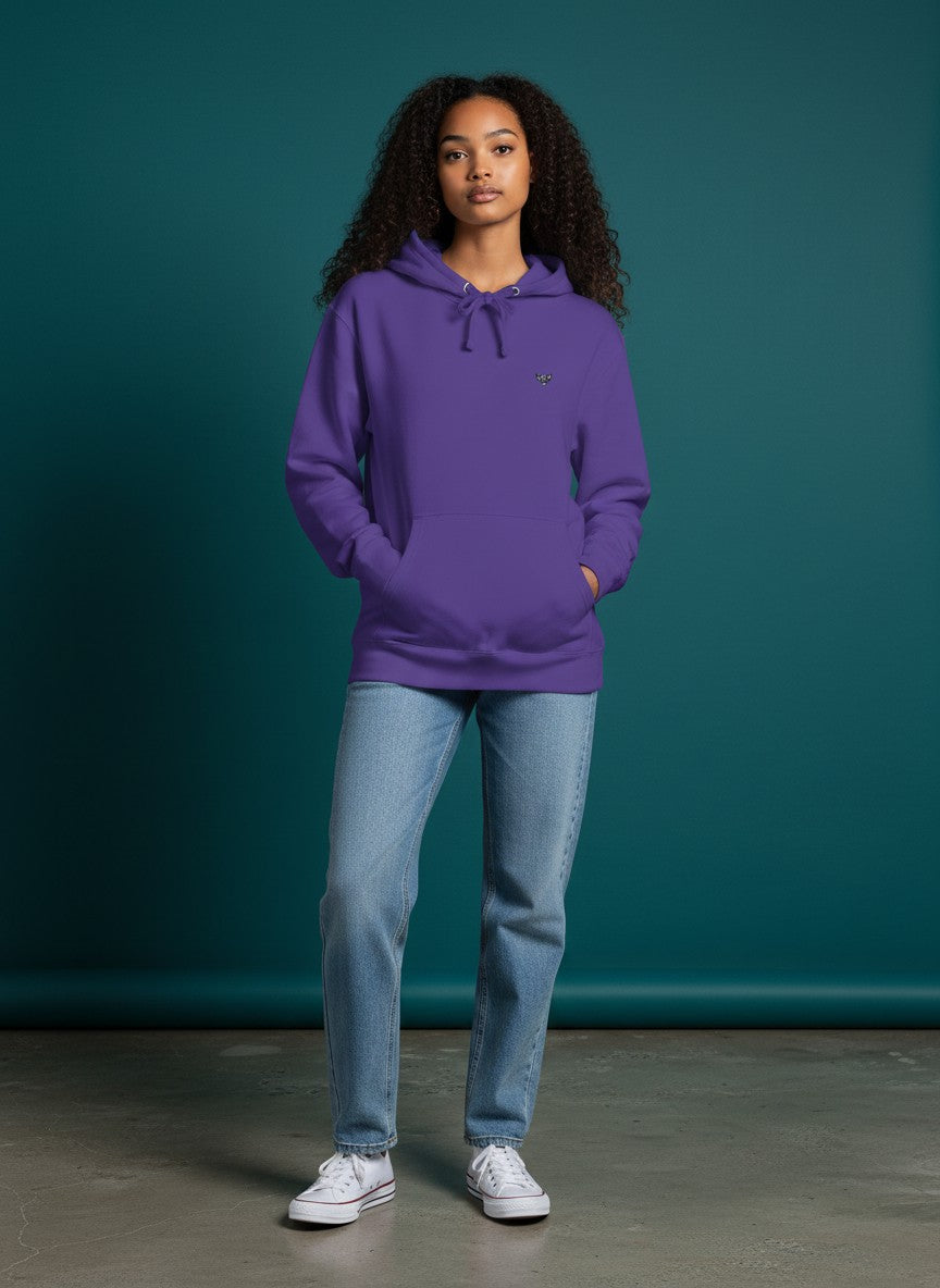 Shopito purple fleece pullover hoodie with adjustable drawstring hood and kangaroo pocket, featuring a small embroidered owl.
