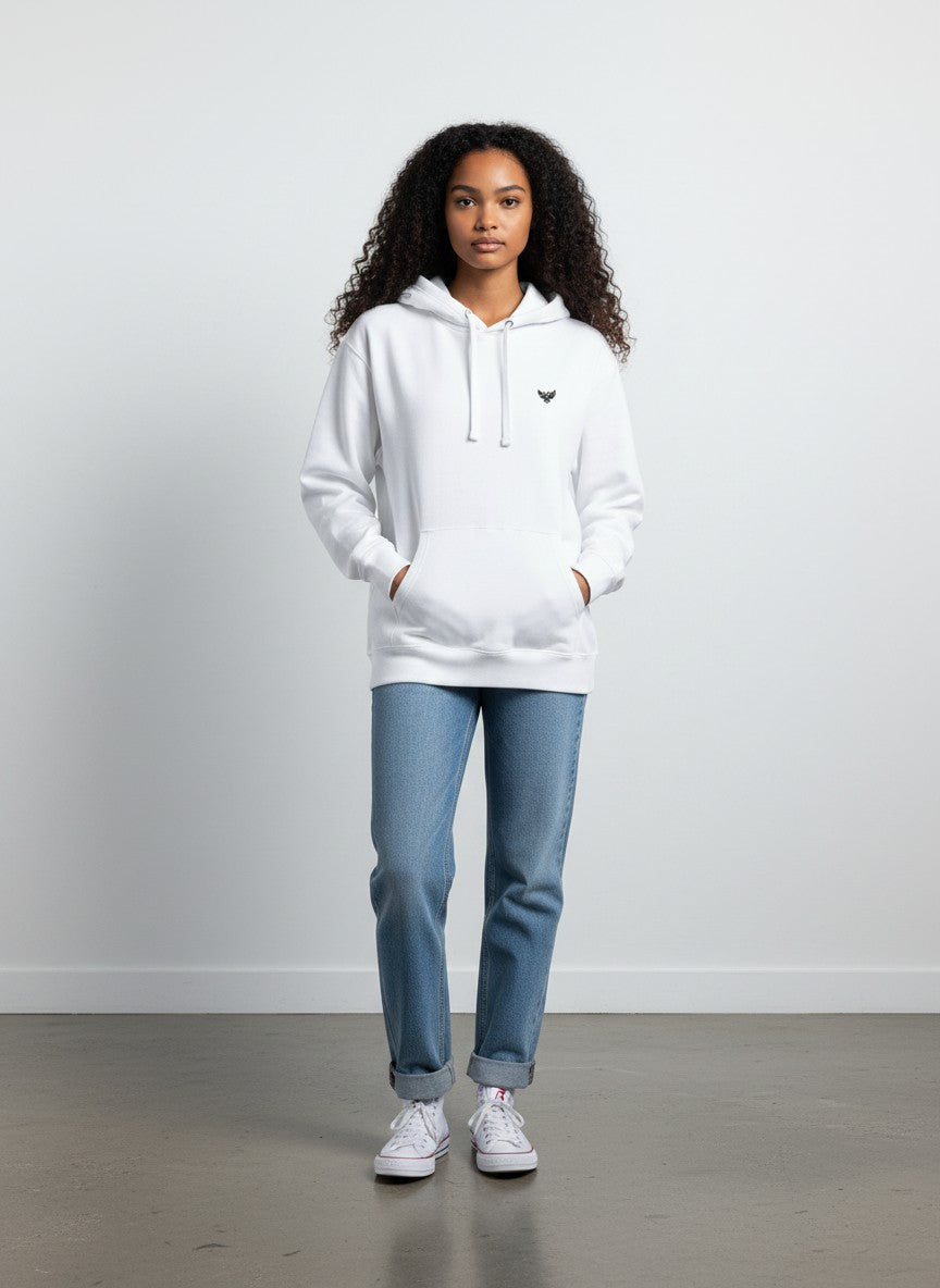 Shopito white fleece pullover hoodie with adjustable drawstring hood and kangaroo pocket, featuring a small black owl graphic.